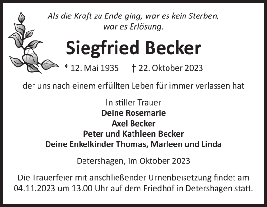 Traueranzeige von Siegfried Becker von Volksstimme Burg/Genthin