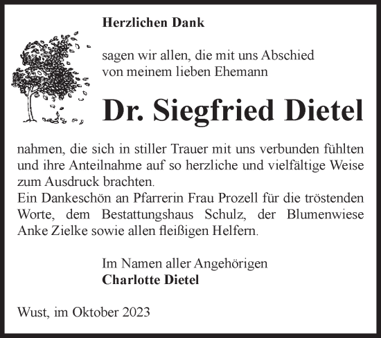 Traueranzeige von Siegfried Dietel von Volksstimme Altmark Ost