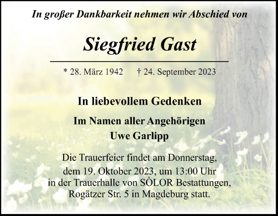 Traueranzeige von Siegfried Gast von Volksstimme Magdeburg