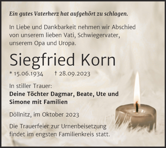 Traueranzeige von Siegfried Korn von Mitteldeutsche Zeitung Halle/Saalkreis