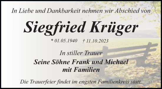 Traueranzeige von Siegfried Krüger von Trauerkombi Wittenberg