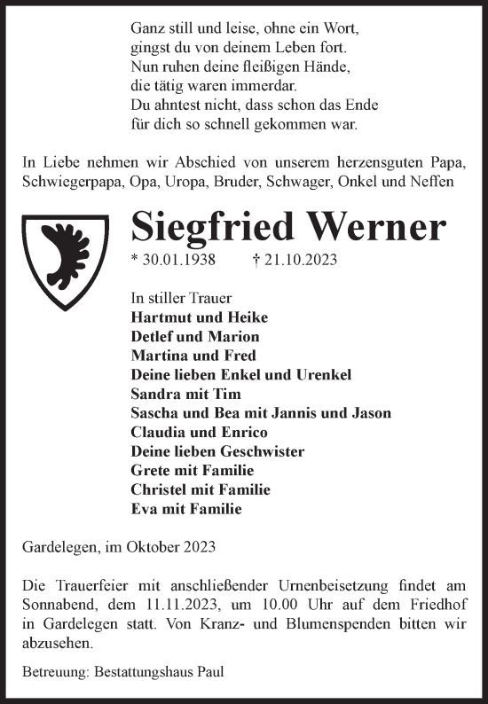 Traueranzeige von Siegfried Werner von Volksstimme Altmark West