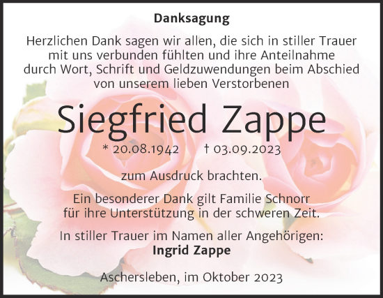 Traueranzeige von Siegfried Zappe von Trauerkombi Aschersleben