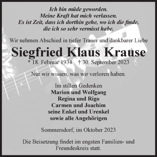 Traueranzeige von Siegfried Klaus Krause von Volksstimme Oschersleben/Wanzleben
