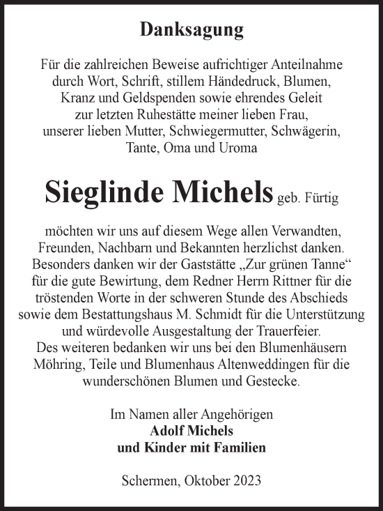 Traueranzeige von Sieglinde Michels von Volksstimme Burg/Genthin