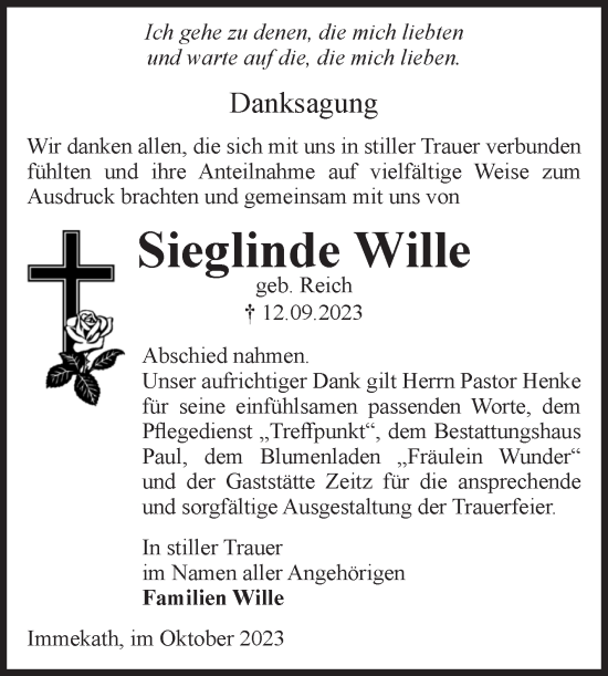Traueranzeige von Sieglinde Wille von Volksstimme Altmark West