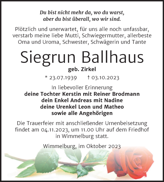 Traueranzeige von Siegrun Ballhaus von Trauerkombi Mansfelder Land