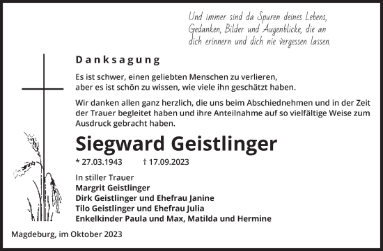 Traueranzeige von Siegward Geistlinger von Volksstimme Magdeburg