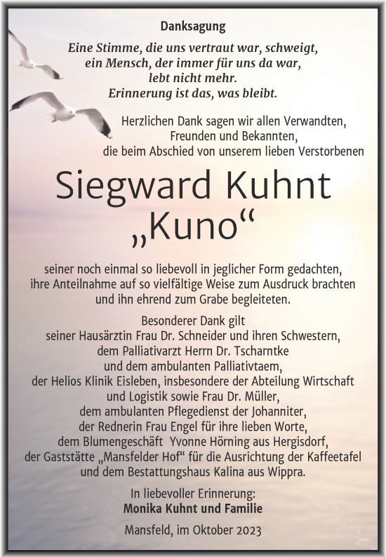 Traueranzeige von Siegward Kuhnt von Trauerkombi Mansfelder Land