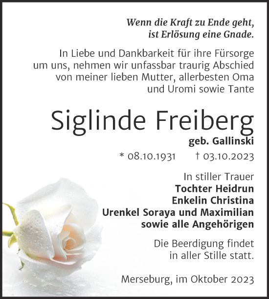 Traueranzeige von Siglinde Freiberg von Trauerkombi Merseburg