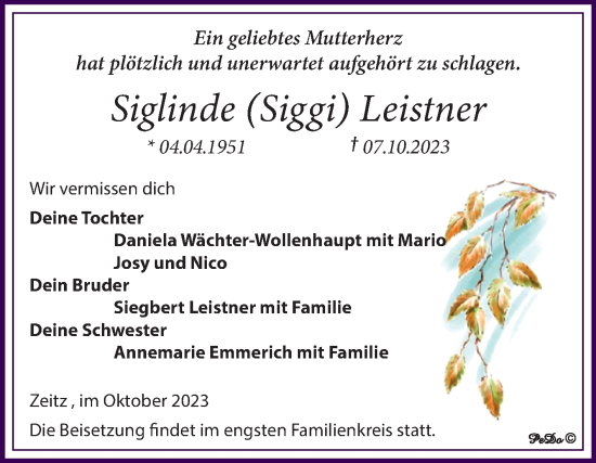 Traueranzeige von Siglinde Leistner von Trauerkombi Zeitz