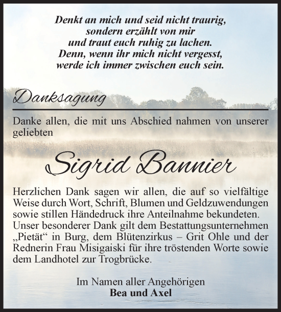 Traueranzeige von Sigrid Bannier von Volksstimme Burg/Genthin