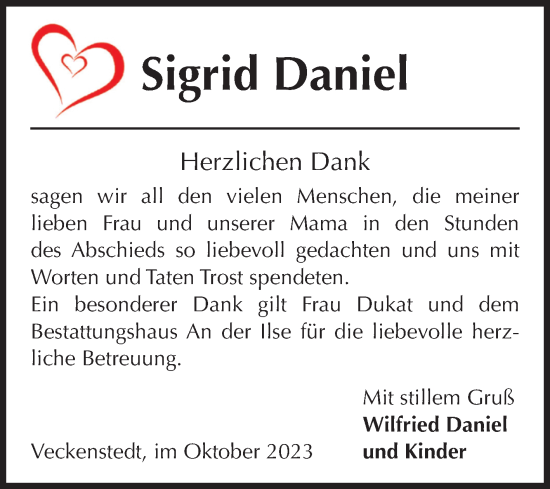 Traueranzeige von Sigrid Daniel von Volksstimme Wernigerode