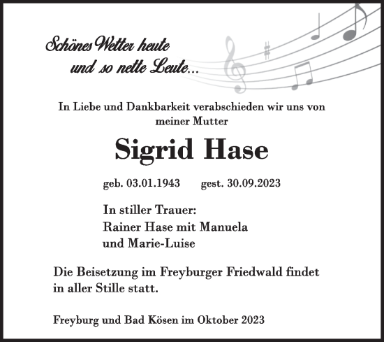 Traueranzeige von Sigrid Hase von Naumburger Tageblatt
