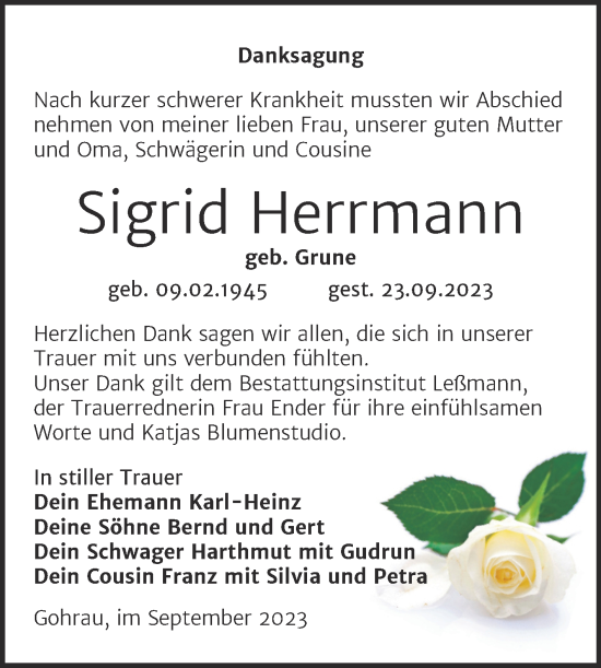 Traueranzeige von Sigrid Herrmann von Trauerkombi Wittenberg