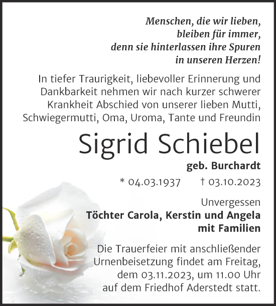 Traueranzeige von Sigrid Schiebel von Trauerkombi Bernburg