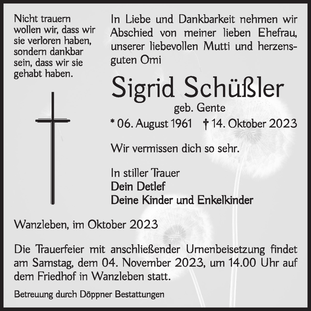  Traueranzeige für Sigrid Schüßler vom 28.10.2023 aus Volksstimme Oschersleben/Wanzleben