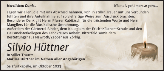 Traueranzeige von Silvio Hüttner von Trauerkombi Bitterfeld