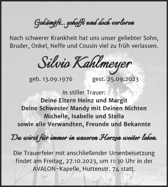 Traueranzeige von Silvio Kahlmeyer von Mitteldeutsche Zeitung Halle/Saalkreis
