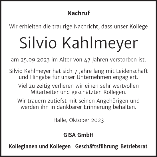 Traueranzeige von Silvio Kahlmeyer von Mitteldeutsche Zeitung Halle/Saalkreis