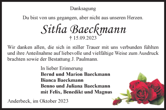 Traueranzeige von Sitha Baeckmann von Volksstimme Halberstadt