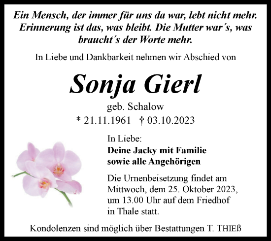 Traueranzeige von Sonja Gierl von Trauerkombi Quedlinburg