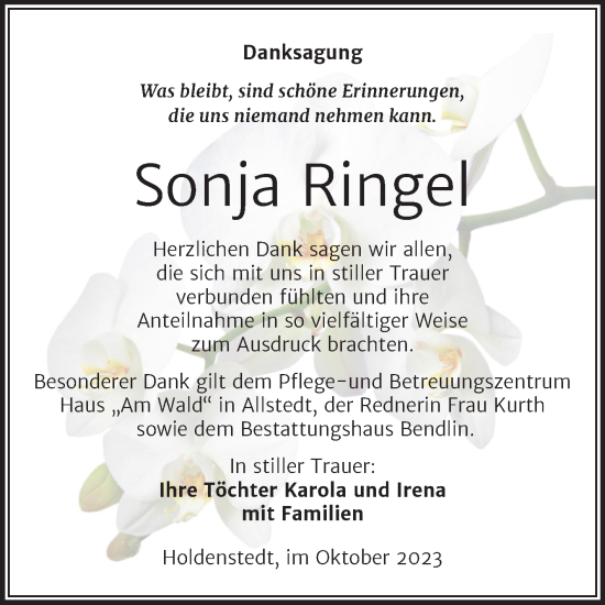 Traueranzeige von Sonja Ringel von Trauerkombi Sangerhausen