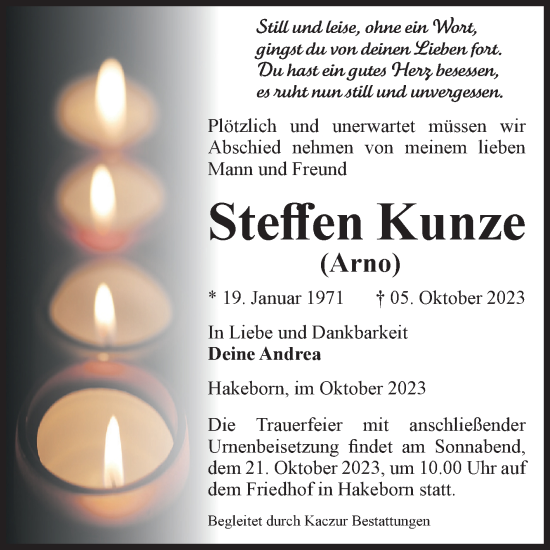 Traueranzeige von Sreffen Kunze von Volksstimme Staßfurt