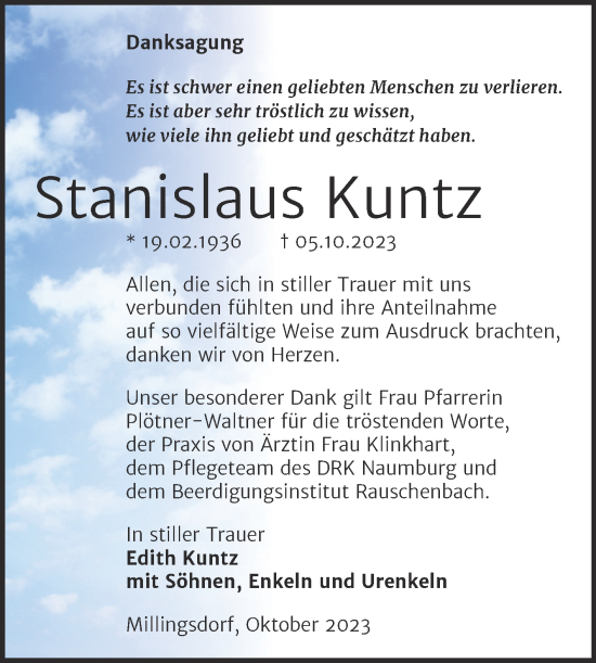 Traueranzeige von Stanislaus Kuntz von Wochenspiegel Naumburg/Nebra