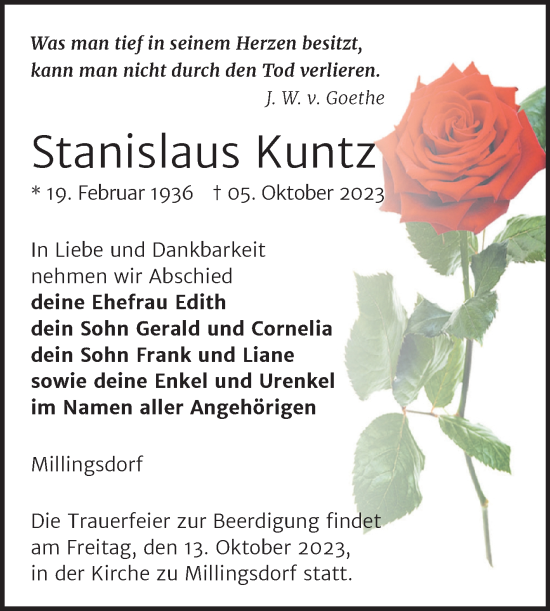 Traueranzeige von Stanislaus Kuntz von Naumburger Tageblatt