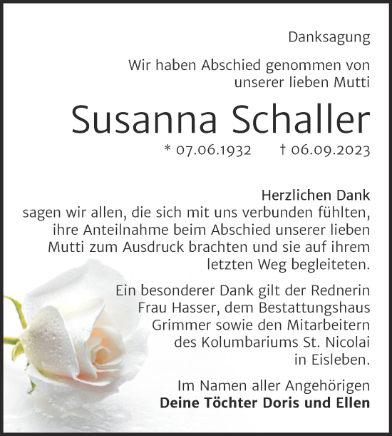 Traueranzeige von Susanna Schaller von Trauerkombi Mansfelder Land