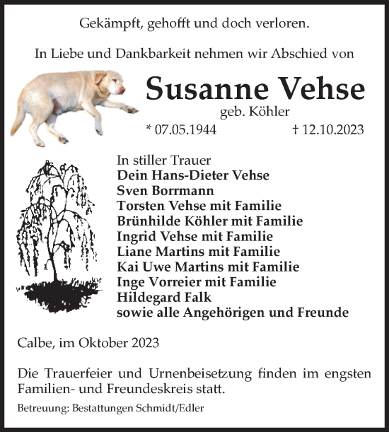 Traueranzeige von Susanne Vehse von Volksstimme Schönebeck