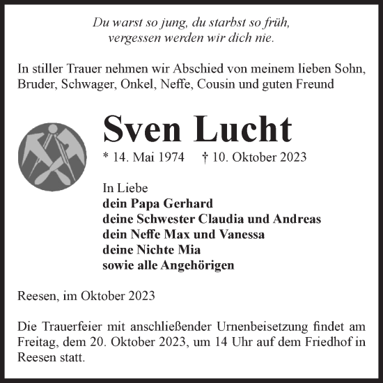 Traueranzeige von Sven Lucht von Volksstimme Burg/Genthin