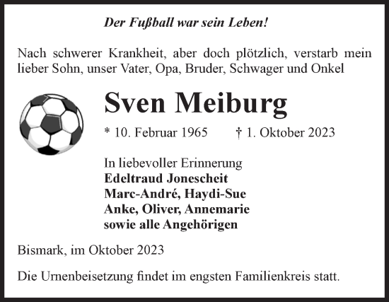 Traueranzeige von Sven Meiburg von Volksstimme Altmark Ost
