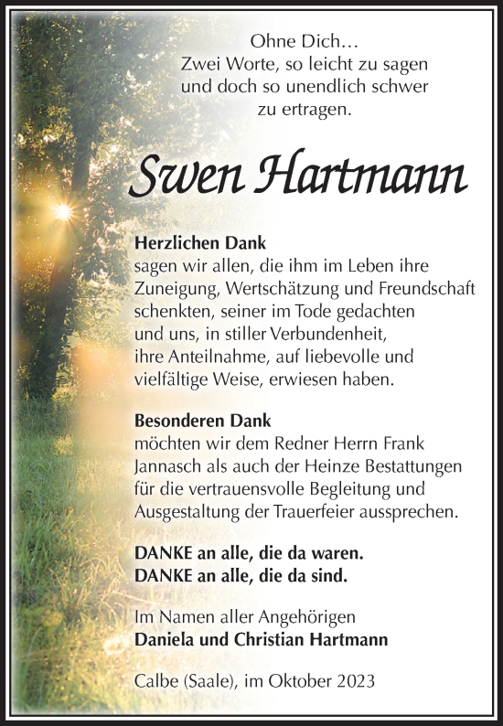 Traueranzeige von Swen Hartmann von Volksstimme Schönebeck