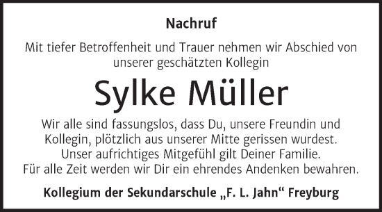 Traueranzeige von Sylke Müller von Naumburger Tageblatt