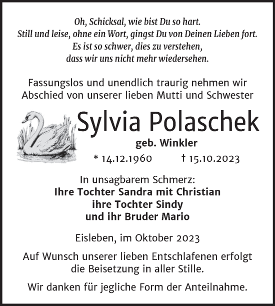 Traueranzeige von Sylvia Polaschek von Trauerkombi Mansfelder Land