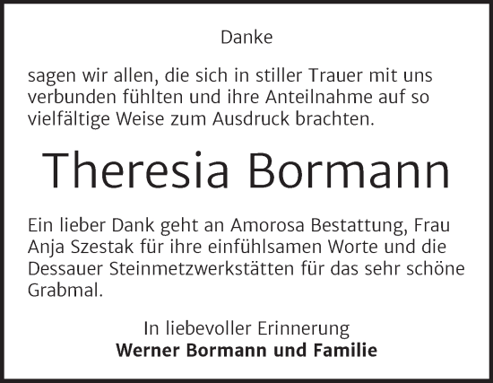 Traueranzeige von Theresia  Bormann von Trauerkombi Dessau