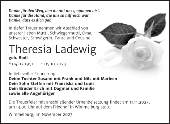 Traueranzeige von Theresia Ladewig von Trauerkombi Mansfelder Land