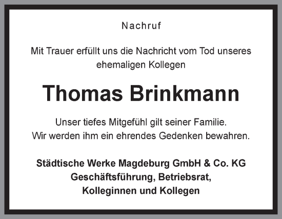 Traueranzeige von Thomas Brinkmann von Volksstimme Magdeburg