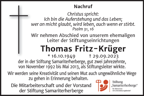Traueranzeige von Thomas Fritz-Krüger von Super Sonntag Merseburg/Querfurt