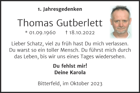 Traueranzeige von Thomas Gutberlett von Trauerkombi Bitterfeld