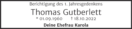 Traueranzeige von Thomas Gutberlett von Wochenspiegel Bitterfeld