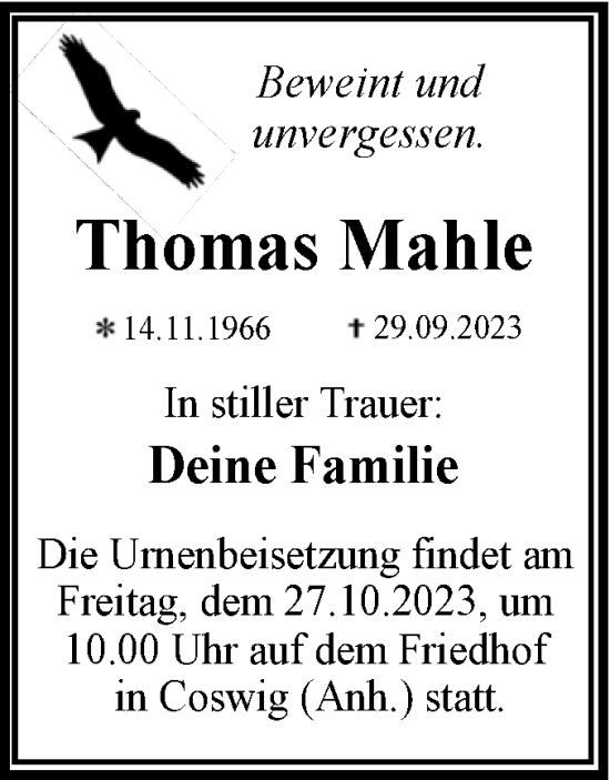 Traueranzeige von Thomas Mahle von Trauerkombi Wittenberg