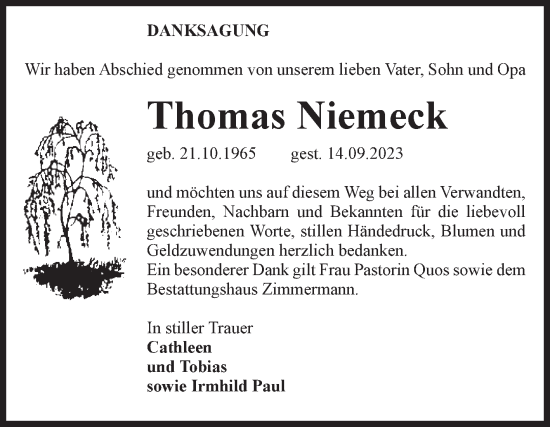 Traueranzeige von Thomas Niemeck von Volksstimme Zerbst
