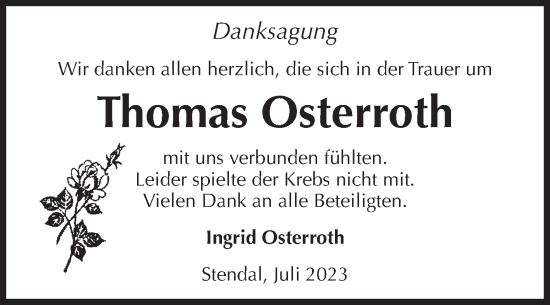 Traueranzeige von Thomas Osterroth von Volksstimme Altmark Ost