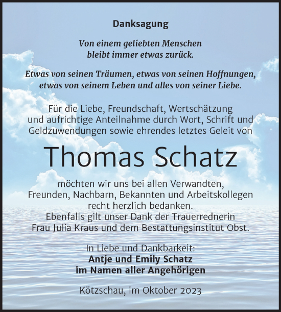 Traueranzeige von Thomas Schatz von Trauerkombi Merseburg