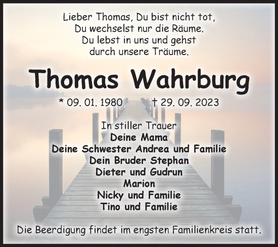 Traueranzeige von Thomas Wahrburg von Volksstimme Haldensleben/Wolmirstedt