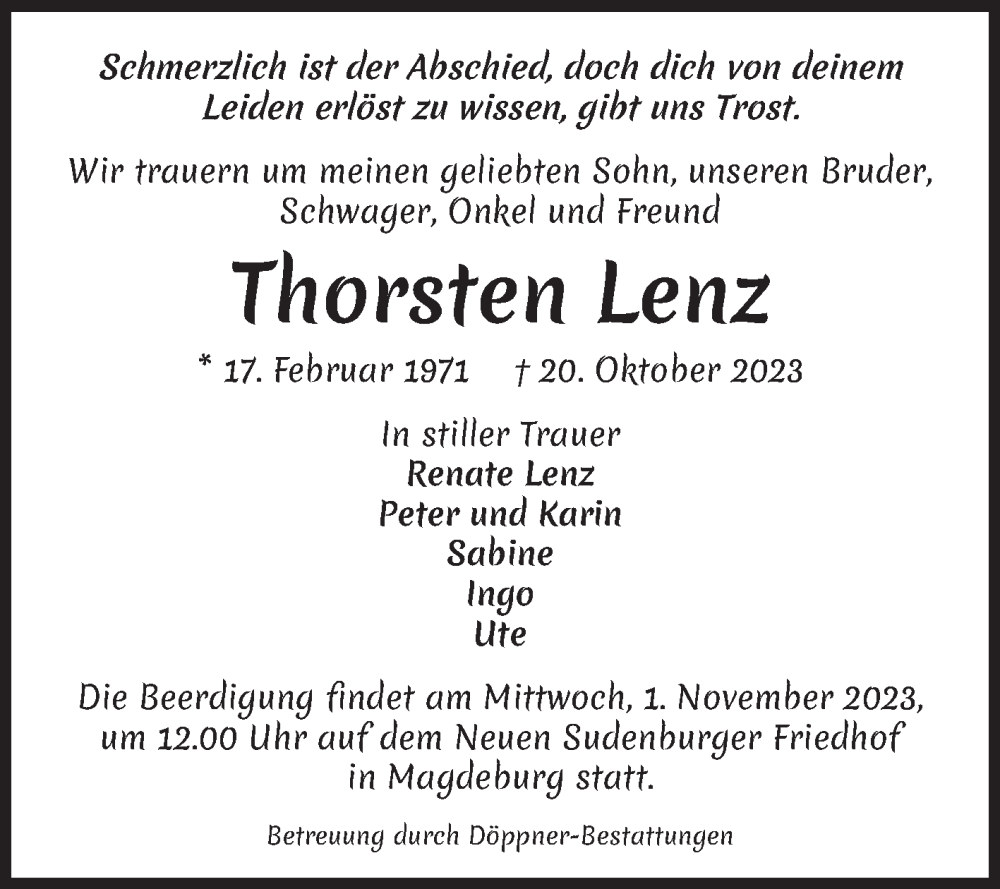  Traueranzeige für Thorsten Lenz vom 28.10.2023 aus Volksstimme Magdeburg