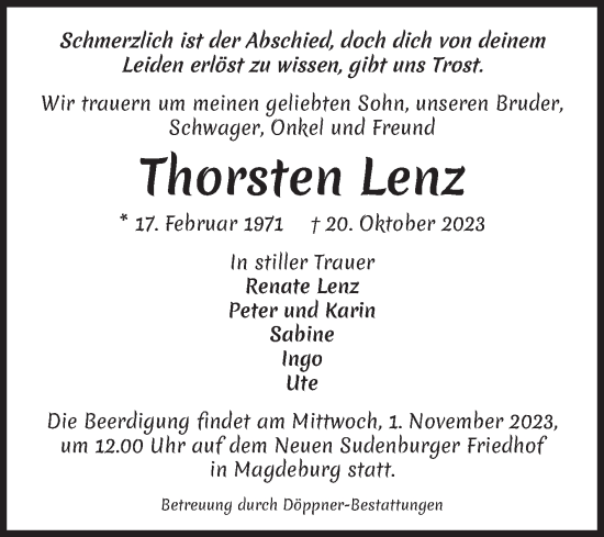 Traueranzeige von Thorsten Lenz von Volksstimme Magdeburg